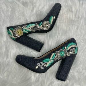 Dries Van Noten Gray Wool Beaded Crystal Embellished Pumps